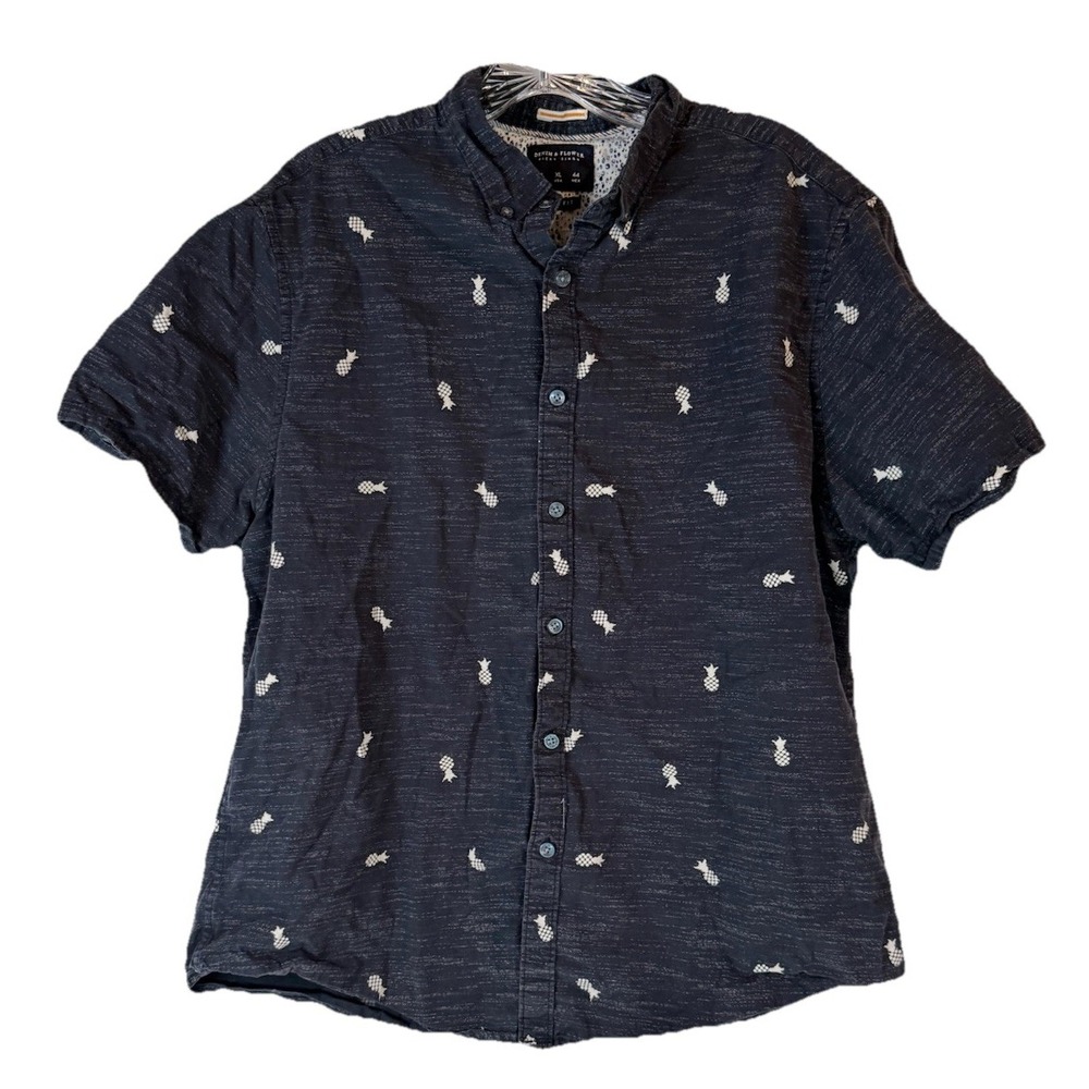 Denim & Flower Printed Pineapple Shirt XL Navy Short Sleeve Casual Beach‎ Summer
